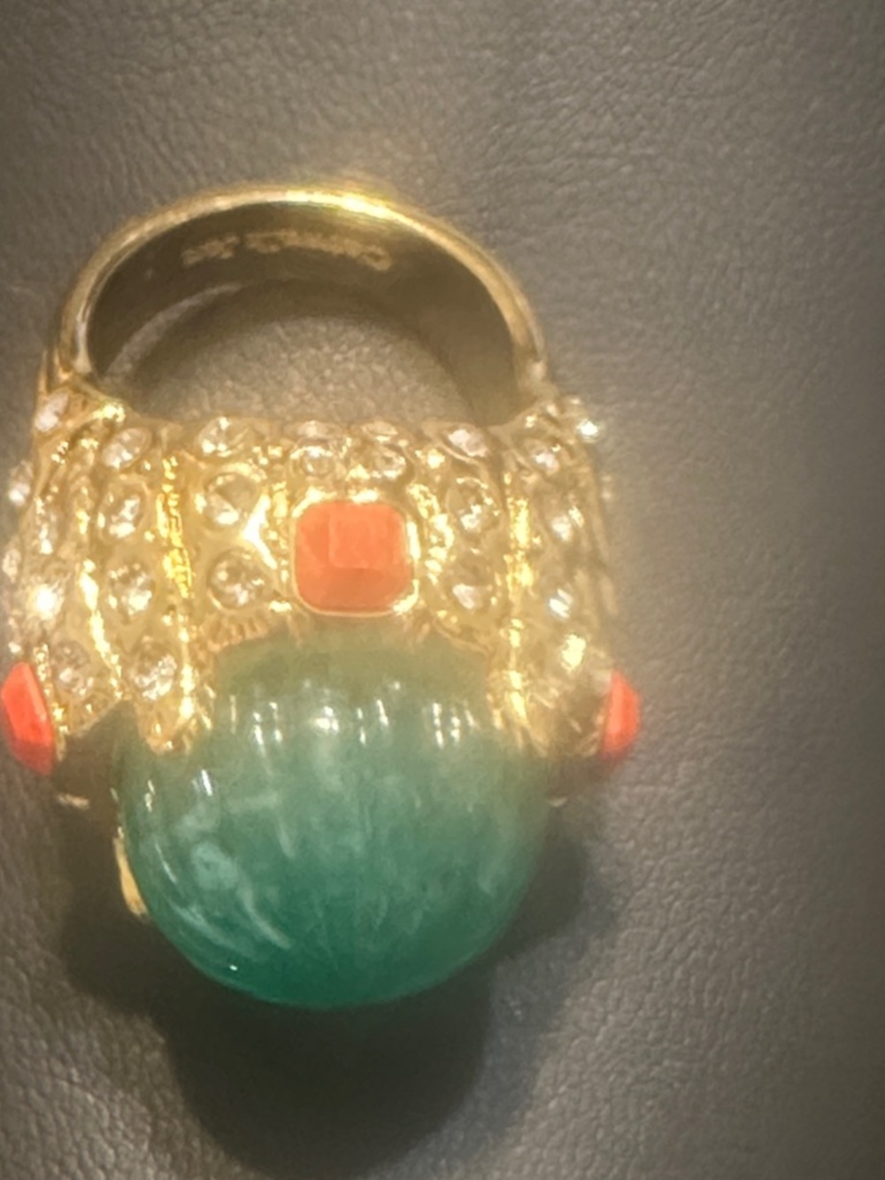 Gold-Tone Green Carved Center Ring with l Accent Stones - Picture 5 of 5
